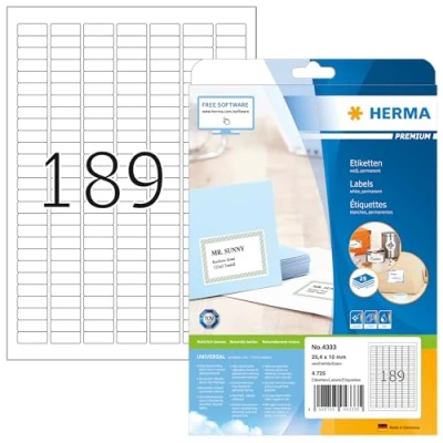 Bild av HERMA 4333 universella etiketter A4 små (25,4 x 10 mm, 25 ark, papper, matt) självhäftande, utskrivbara, permanenta adressetiketter, 4 725 klistermärken, vit