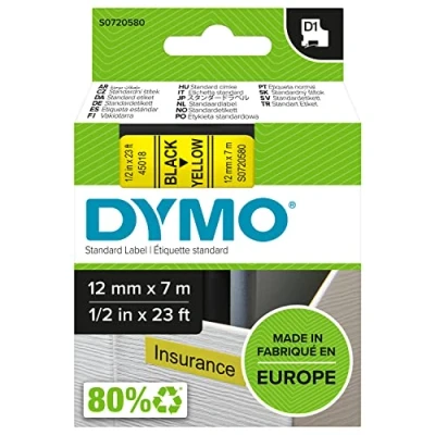 Bild av DYMO D1 originaletiketter Svart text på gul tejp 12 mm x 7 m Självhäftande etiketter för LabelManager etikettskrivare Tillverkas i Europa