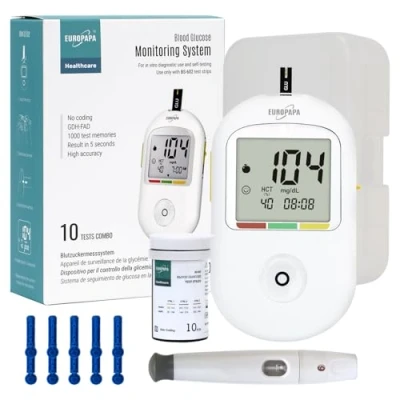 Bild av EUROPAPA® blodsockermätare med 10 blodsockertestremsor och blodlansetter blodprovstagare, blodsockermätningssystem, diabetesset Mg/Dl (Vit)