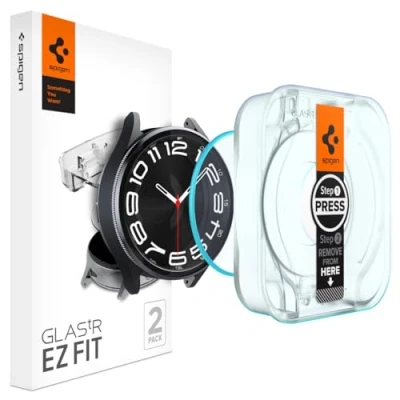 Bild av Spigen Glas.tR EZ Fit Skärmskydd kompatibel med Samsung Galaxy Watch 6 Classic 43mm, 2 Stycken, Sjabloon voor Installatiem, Kristallklart, Responsiv Touch, Case friendly, 9H härdat glas