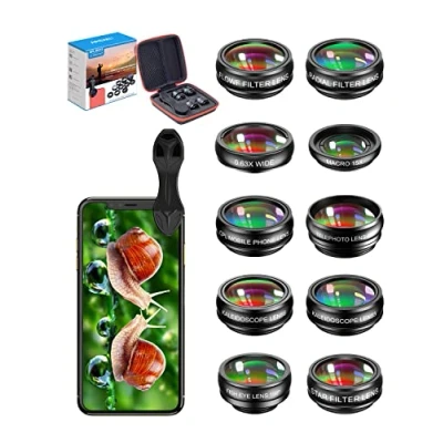 Bild av APEXEL 10 in 1 Cell Phone Camera Lens Kit Wide Angle&amp;Macro Lens+Fisheye Lens+Telephoto Lens+Kaleidoscope/CPL/Flow/Radial/Star Filter+Bluetooth Shutter for iPhone Samsung Huawei and most Smartphone