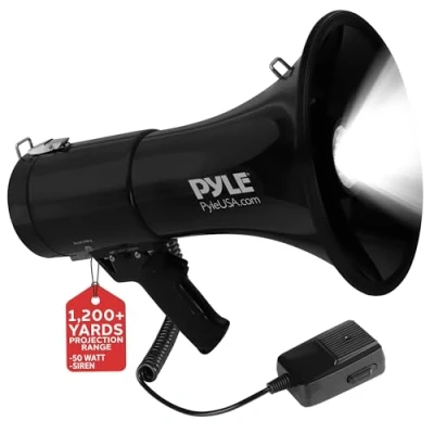 Bild av Pyle Bärbar kompakt PA megafonhögtalare med larm siren och justerbar volym 50 W handhållen bullhorn mikrofon, AUX IN för MP3 uppladdningsbart batteri inomhus utomhus PMP561LTB