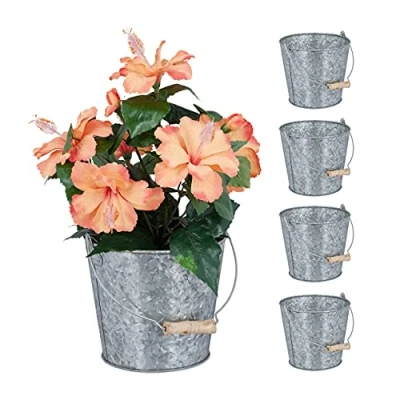 Bild av Relaxdays Zinkgryta set om 5, örtkruka för kök, balkong och trädgård, galvaniserad blomhink av metall med handtag, silver