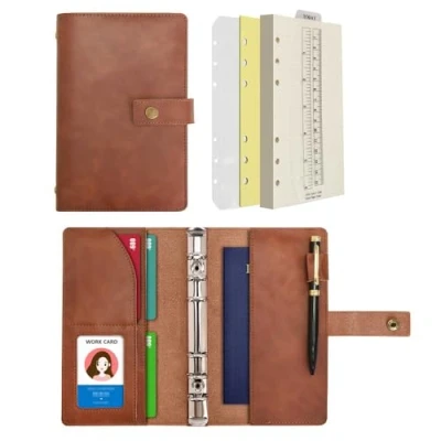 Bild av Wonderpool läderdagbok påfyllningsbar anteckningsbok spiraljournal pärm portfölj prickigt rutnät papper och innerfickor organiserare för män kvinnor (kaffe, A6)