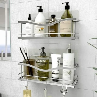 Bild av KINCMAX Shower Caddy Basket Shelf Pack of 2 Adhesive Drill Free Home Kitchen or Bathroom Storage Hanging Shelves for Inside Organiser w/Hooks as Accessories