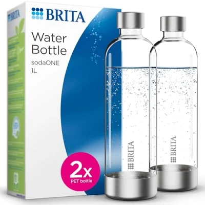 Bild av BRITA flaskor 2 pack för vattenbubblor sodaONE x 1 liter ersättningsflaskor Lätt, BPA fri PET flaska i duo bubbelflaskor med element av polerat rostfritt stål
