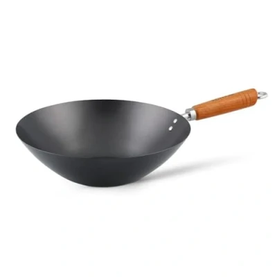 Bild av Ken Hom kolstål wok, 35 cm, klassisk, icke induktion/trähandtag/platt baspanna, inkluderar 1 x kinesisk wokpanna, KH335001