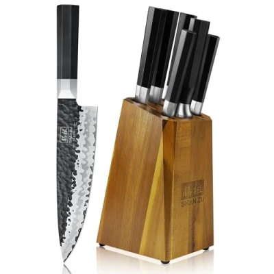 Bild av SHAN ZU 7 Delar Handsmidda Köksknivset, Knivset med Träknivblock, lager Japansk Kniv i 9Cr18MOV Stål, Kockkniv G10 handtag TAKUMI Series