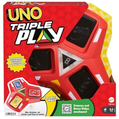 Bild av Mattel Games Uno Triple Play, kortspel för hela familjen, med ljus och ljudeffekter, perfekt som barnspel, resespel eller spel vuxna, 2 6 spelare, från 7 år, HCC21
