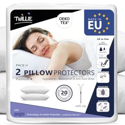 Bild av Twillie Vattentätt kuddfodral (set om 2) för kudde 60 x 80 cm, premiumkvalitet Oeko TEX® certifierad, Aegis® allergivänlig, anti kvalster, bakteriell tillverkad i Europa