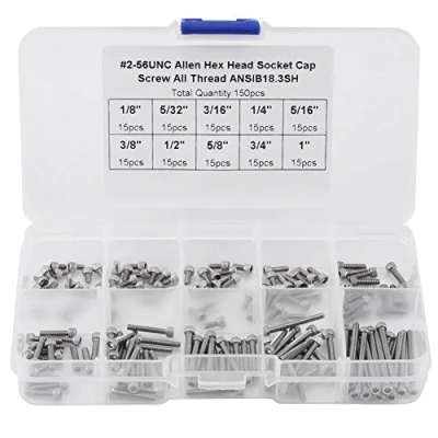 Bild av huvudskruvar, 150 st 9 storlekar Hex Socket Cap huvud skruvar sortiment set med plastlåda #2 56 UNC