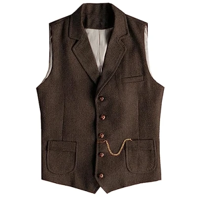 Bild av Tuikayoo Västerländskt fiskben tweed kostym väst ull slim fit väst, kaffe, XL