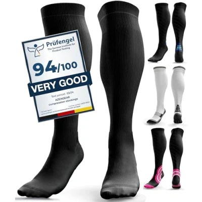 Bild av aZengear Kompressionsstrumpor för män och kvinnor Anti DVT flygresor strumpor svullna ben springa benhinneinflammation vadtrycksstöd sport (XXL, Svart)
