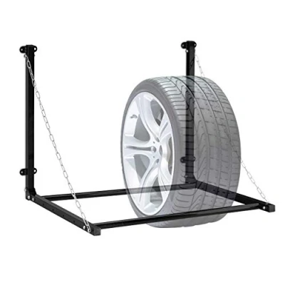 Bild av Relaxdays Däckhylla väggmontering, för 4 däck, teleskop däckhållare vägghållare, upp till 90 kg, vikbar, stål, svart