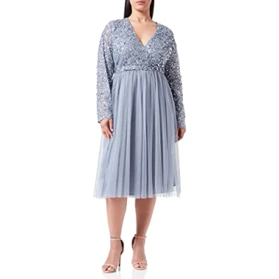 Bild av Maya Deluxe Faux Warp Front Utsmyckad Midi klänning brudtärna, Blå (Dusty blå), 50
