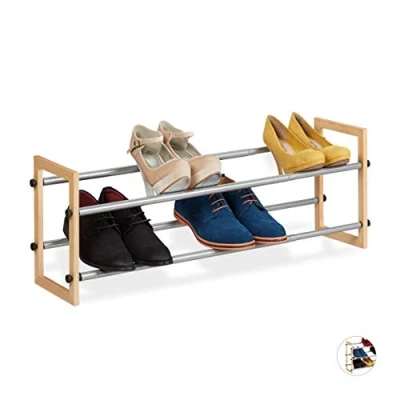 Bild av Relaxdays utdragbart skoställ, öppen förvaringsstativ med 2 nivåer trä och järn, upp till 118 cm, naturlig, förpackning 1