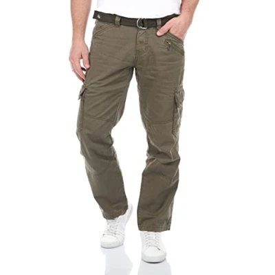Bild av Timezone Cargojeans, byxor, BenitoTZ lös passform, cargobyxor, tygbälte, 100 % bomull, basfickor, beige, grå, grön, w28 w29 w30 w31 w32 w33 w34 w36 w38 w40, Khaki (4137), 32W / 32L
