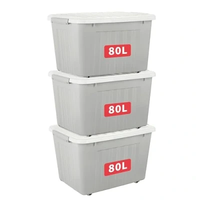 Bild av Cetomo 80 L x 3 förvaringslådor med hjul, plastförvaringslåda lock, spärrspännen, klickstängning, stapelbar, kapsling, hållbar organisatör för hemmakontorskläder, grå, pack