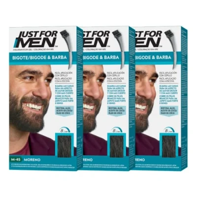 Bild av Just For Men Mustasch och skäggfärg eliminerar grått hår för tjockare fylligare utseende, med applikatorborste ingår, brunett, M45 (3 pack)