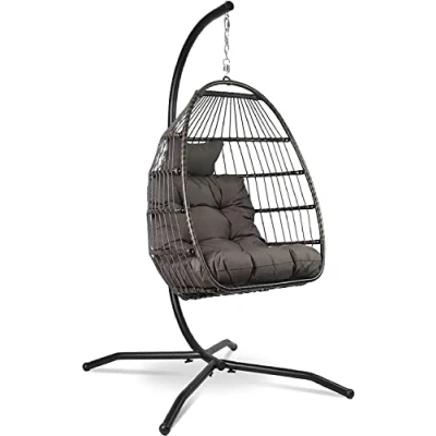 Bild av VITA5 Hängstol med ram bekväm, hängande äggformad korg, fåtölj för avkoppling Unik hängstol, inomhus och utomhus boho gunga terrass, barnrum, läshörna 150 kg lastkapacitet, grå