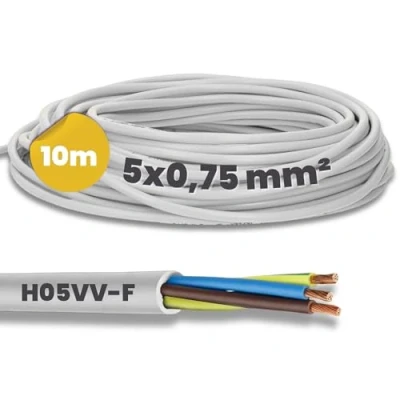 Bild av 10 meter Kalitec H05VV F slangledning 5 x 0,75 mm² I strömkabel G0,75 mm2 med skyddsledare PVC kabel för inomhusbruk elkabel vit lampkabel flexibel enhetskabel ledare