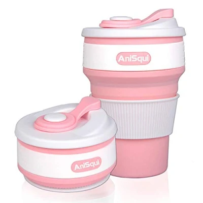 Bild av AniSqui Hopfällbar kaffekopp silikon med lock (350 ml, BPA fri miljövänlig återanvändbar kaffekopp), bärbar kaffekopp, hopfällbara kaffemuggar, kaffemuggar som passar i fickan (rosa)