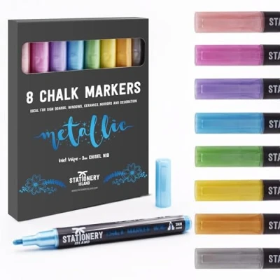 Bild av Stationery Island Kritpennor M30 förpackning med 8 Metalliska färger 3 mm mejselspetsnibs. Våt torka bort vätska kritmarkörer. för glas, whiteboards, skyltar och icke porösa svarta tavlor
