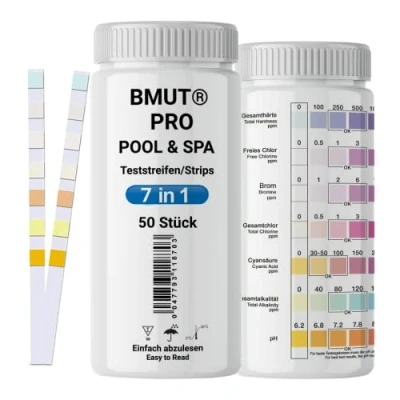 Bild av 50 x 7 i 1 pool och spa testremsor bubbelpool vattentestare rör klor pH värden testpapper