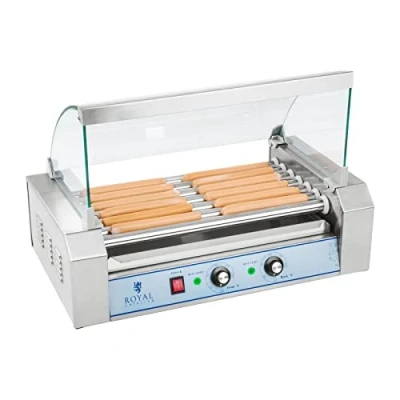 Bild av Royal Catering Hot Dog Grill Machine Maker (7 rullar, plats för 12 korv, 1 400 W, 2 värmezoner, rostfritt stål) silver