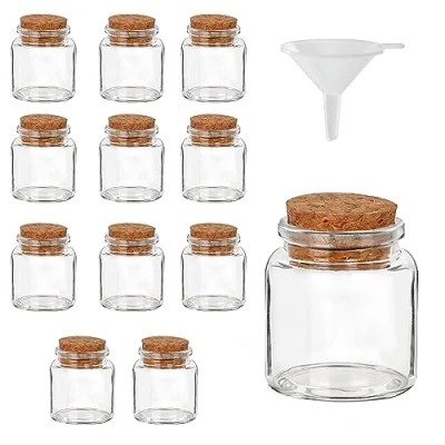 Bild av Belle Vous 12 Pack med Presentburkar i Glas Korklock 45 50 ml Små Lufttäta Förvaringsburkar &amp; Tratt för Bröllopsgåvor, Fester, Kökskryddor och Sylt