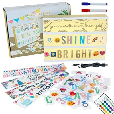 Bild av Cinema Light Box A4 Gold 16 färger med 400 bokstäver och emojis, 10 premiumkort, fjärrkontroll, 2 markörer BONNYCO LED Up Box, nyhetspresenter för kvinnor, julklappar tjejer