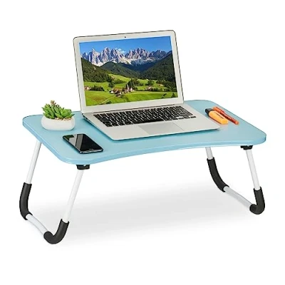Bild av Relaxdays laptopbord för säng &amp; soffa, HBT: 26 x 63 40 cm, fällbart sängbord, MDF, järn, anteckningsbord, ljusblå