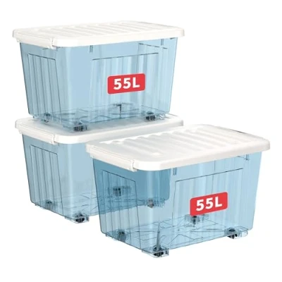 Bild av Cetomo 55 L x 3 förvaringslådor med hjul, plastförvaringslåda lock, spärrspännen, klickstängning, stapelbar, kapsling, hållbar organisatör för hemmakontorskläder, klarblå, pack