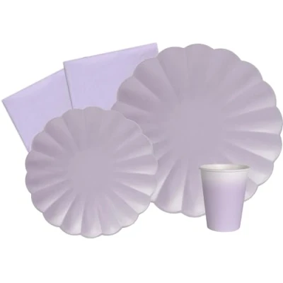 Bild av Party Tableware Set Flower Shape for 24 people (112 pcs: plates Ø23cm, Ø18cm, cups 200ml, 40 napkins 33x33cm) in eco friendly compostable paper, lavander purple violet