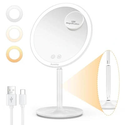 Bild av Auxmir Upplyst Sminkspegel LED, 1X Kosmetikspegel med 10X Miniförstoringsspegel, 3 Justerbara Lampor, 90 Justerbar, USB laddning, Touch kontakter, Förvaringsbar Bas