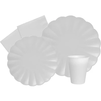 Bild av Party Tableware Set Flower Shape for 24 people (112 pcs: plates Ø23cm, Ø18cm, cups 200ml, 40 napkins 33x33cm) in eco friendly compostable paper, white