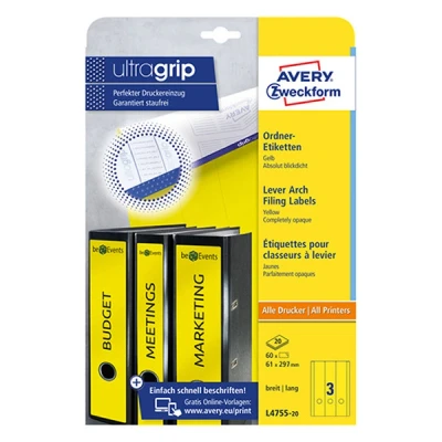 Bild av ​​​​​​​Pärmetiketter självhäftande 297 x 61mm Avery L4755 20 gul 60st