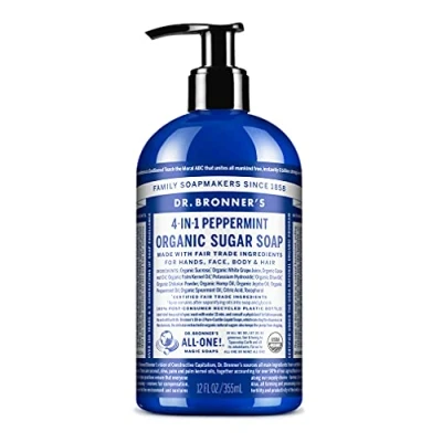 Bild av Dr Bronners 4 i 1 ekologisk pepparmynttvål, tillverkad med ekologiska oljor och Shikakai pulver, för händer, kropp, ansikte hår, Fair Trade certifierad veganvänlig, 335 ml återvunnen