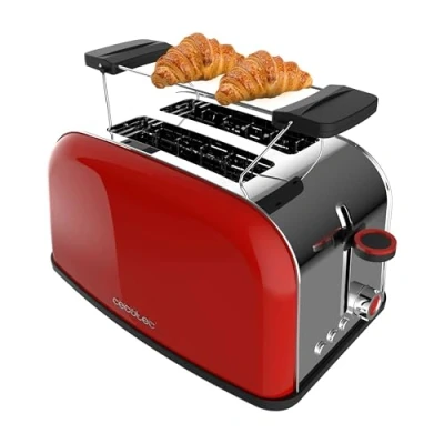 Bild av Cecotec Vertikal Brödrost Toastin&#039; Time 850 Red. 850W Effekt, Dubbel Kort Kortplats Och 3,8 Cm Bred Spår, Övre Stänger, Rostfritt Stål, Automatisk Avstängning Pop Up, Smuluppsamlare
