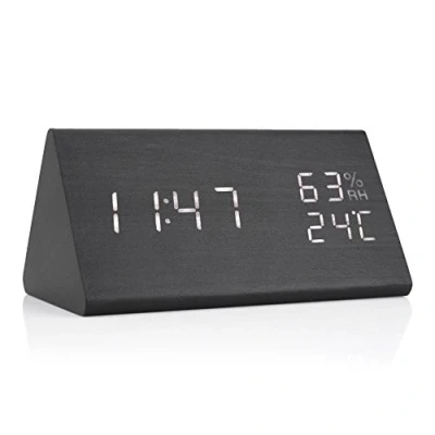 Bild av Fdit Digital väckarklocka i trä med USB laddning fuktighet och temperatur upptäcka elektronisk LED display 3 larm skärm nivåer ljusstyrka