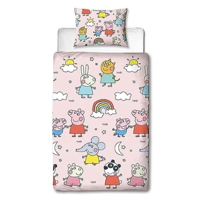 Bild av Character World Peppa Pig and Friends officiell enkelsäng påslakanset färgglad lekfull design vändbara sängkläder med 2 sidor inklusive matchande örngott