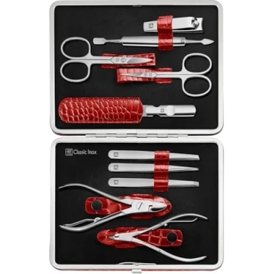 Bild av ZWILLING Manikyrset (10 delat, komplett set för finger och tånaglar, äkta läderfodral med metallram), polerat rostfritt stål, krokodilutgåva, röd