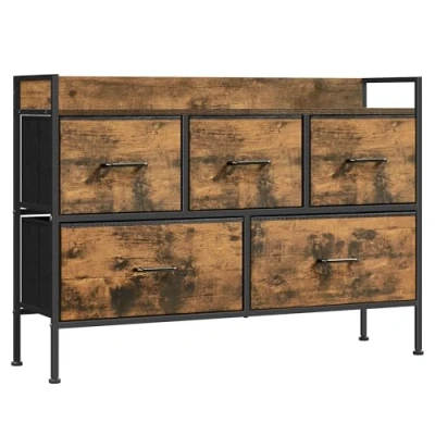 Bild av SONGMICS byrå förvaringsskåp sovrum 5 tyglådor med handtag för vardagsrum hall stålram vintage brun bläck svart LTS135B01