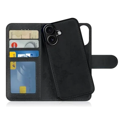 Bild av MyGadget Flip fodral för iPhone 16 [avtagbart magnetfodral] mobilfodral av konstläder [flipfodral med kortplats] skyddsfodral i svart