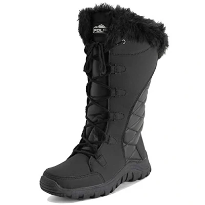 Bild av Polar Quilted snören, vattentäta, svart, utomhus, manschett, snö, regn, anka, stövlar, Svart läder lång, 42 EU