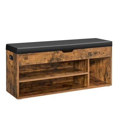 Bild av VASAGLE Vadderad skobänk, förvaringsbänk, 3 fack, dold förvaring, hyllor, till vardagsrum, hall, sovrum, lastkapacitet 150 kg, rustik brun LHS130B01