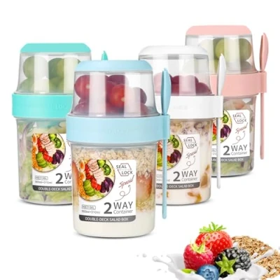 Bild av SinLaw 2 stycken müSlimugg to go, yoghurtkopp för resor med sked, yoghurt att gå kopp, dubbla lager läckagesäker yoghurtkopp, salladsmugg (4 st (310 ml + 560 ml)