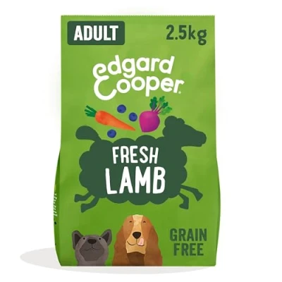 Bild av Edgard &amp; Cooper färskt gräs matat lamm torr vuxen hundmat med rödbeta, blåbär, äpple och morot långkokt aminosyror Fri från spannmål Hypoallergenisk 100 % kött 2,5 kg väska