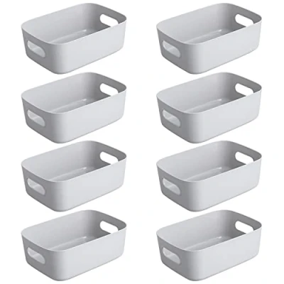 Bild av Bgfuni Uppsättning med 8 små förvaringskorgar i plast, kontor, hem och kök, prydlig organisatör, vita studioförvaringskorgar plastkorgar för förvaring av hyllkorgar, 19 x 13,5 7,5 cm (grå)