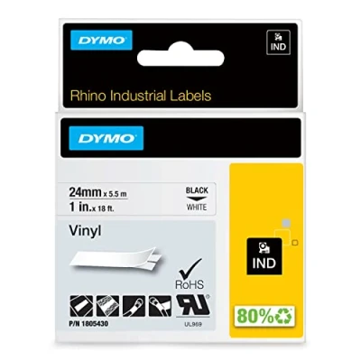 Bild av DYMO Rhino industriella vinyletiketter 24 mm x 5,5 m svart tryck på vitt självhäftande för etikettchef och noshörningsetikettmaskiner